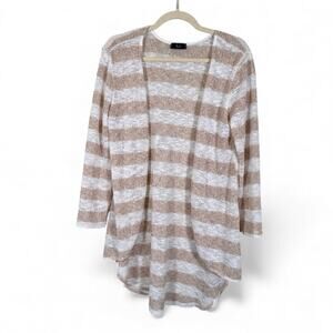 Kii Tan White Gold Metallic Striped Chunky Knit Cardigan Sweater Womens L Beachy